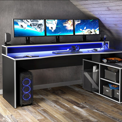 tezaur black storage gaming desk 3 shelves with colour changing led