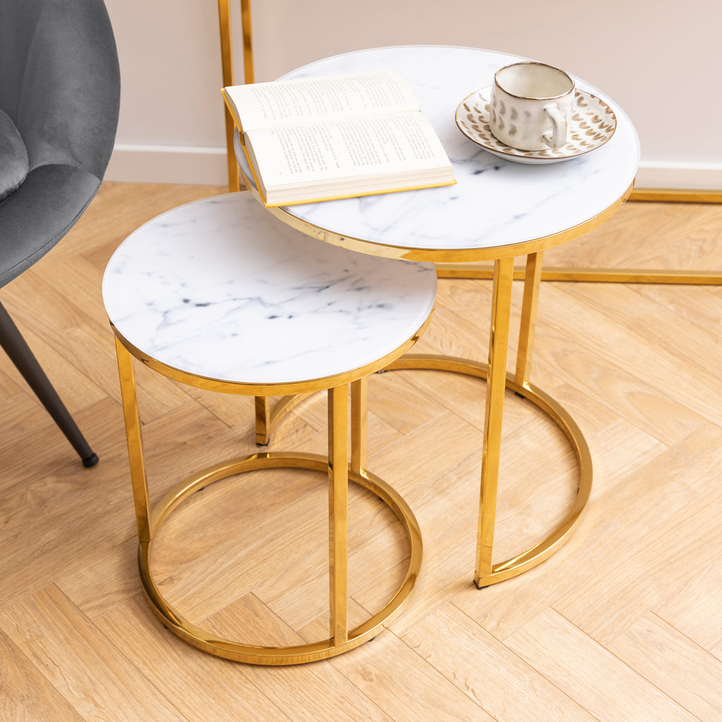 Alisma Nest of 2 Tables with White Marble Glass & Gold Base