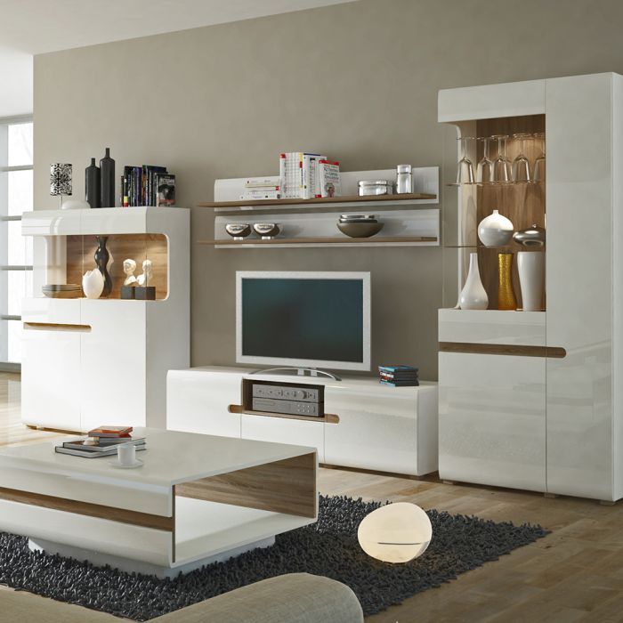 Chelsea Living Tall Glazed Narrow Display Unit (LHD) in White with a Truffle Oak Trim