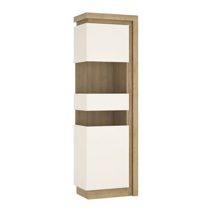 Lyon Tall Narrow Display Cabinet (LHD) in Riviera Oak/White High Gloss