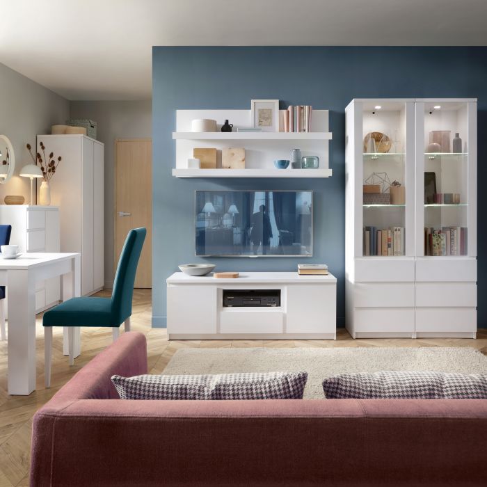 Fribo Tall Narrow 1 Door 3 Drawer Glazed Display Cabinet in White