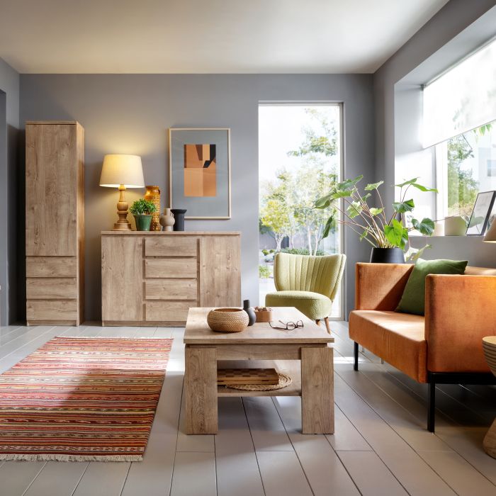 Fribo Tall Narrow 1 Door 3 Drawer Cupboard in Oak