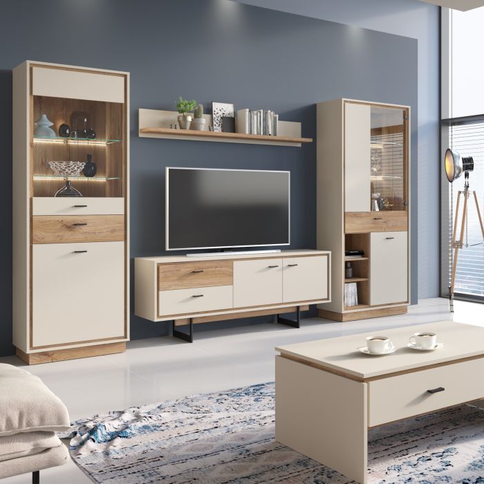Rivero 2 Door 3 Drawer Open Shelf Sideboard in Grey and Oak