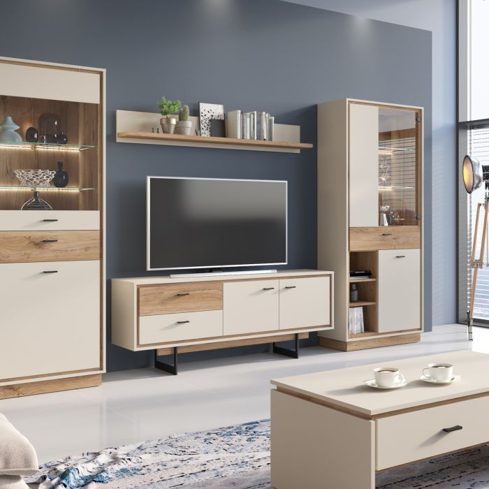 Rivero 3 Door 3 Drawer Low Display Cabinet in Grey and Oak