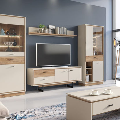 Rivero 3 Door 3 Drawer Low Display Cabinet in Grey and Oak