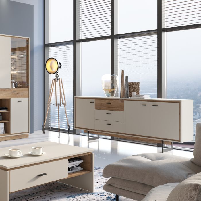 Rivero 3 Door 3 Drawer Low Display Cabinet in Grey and Oak