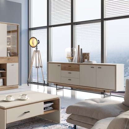 Rivero 3 Door 3 Drawer Low Display Cabinet in Grey and Oak
