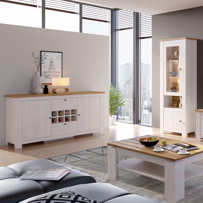 Celesto 2 Door 2 Drawer Sideboard with 3 Door Display Top Unit in White and Oak