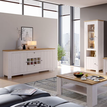 Celesto 2 Door 2 Drawer Sideboard with 3 Door Display Top Unit in White and Oak