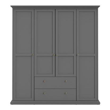 Paris Wardrobe with 4 Doors and 2 Drawers in Matt Grey
