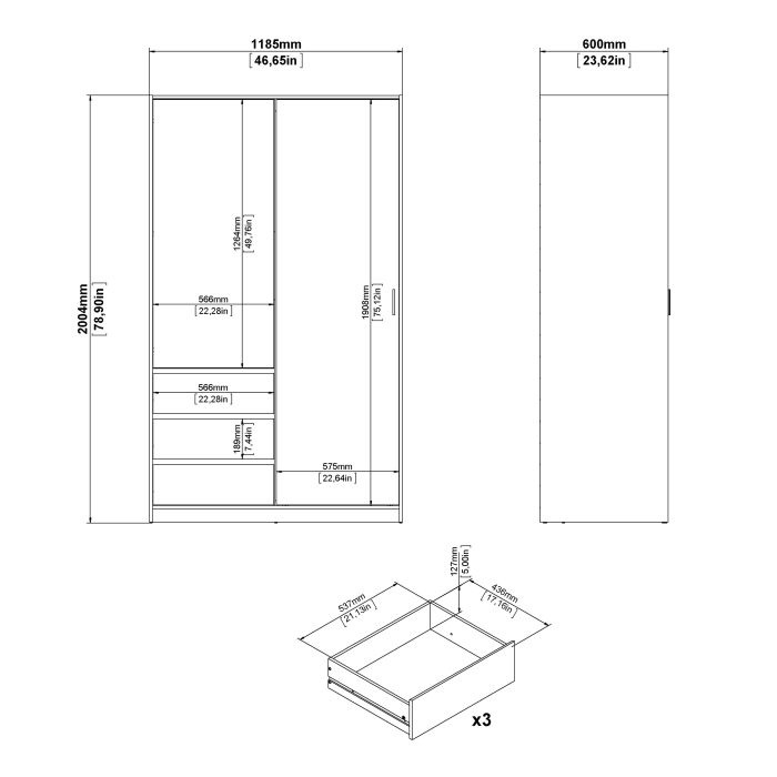 Naia Wardrobe with 1 Sliding Door 1 Door 3 Drawers in White High Gloss