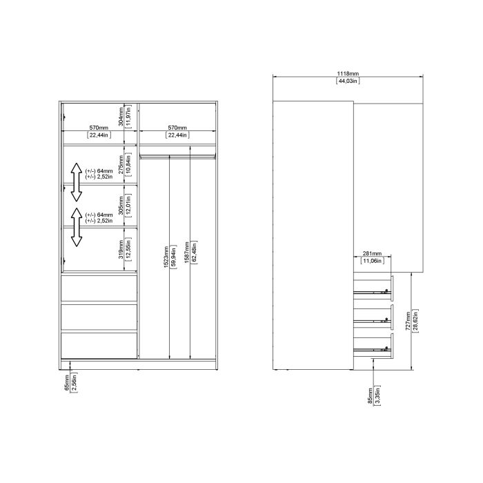 Naia Wardrobe with 1 Sliding Door 1 Door 3 Drawers in White High Gloss