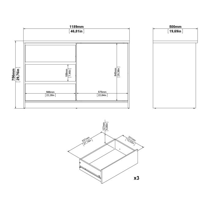 Naia Storage Unit with 1 Sliding Door and 3 Drawers in White High Gloss