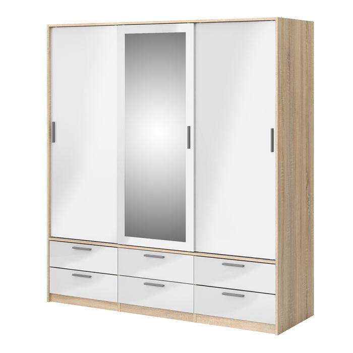 Line Wardrobe 3 Doors 6 Drawers in Oak with White High Gloss