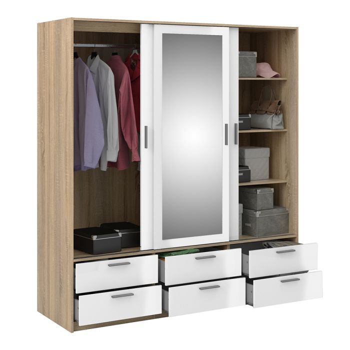 Line Wardrobe 3 Doors 6 Drawers in Oak with White High Gloss