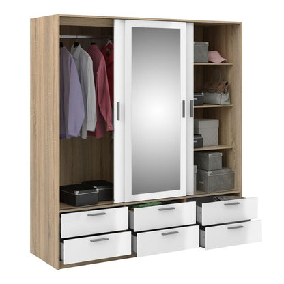 Line Wardrobe 3 Doors 6 Drawers in Oak with White High Gloss