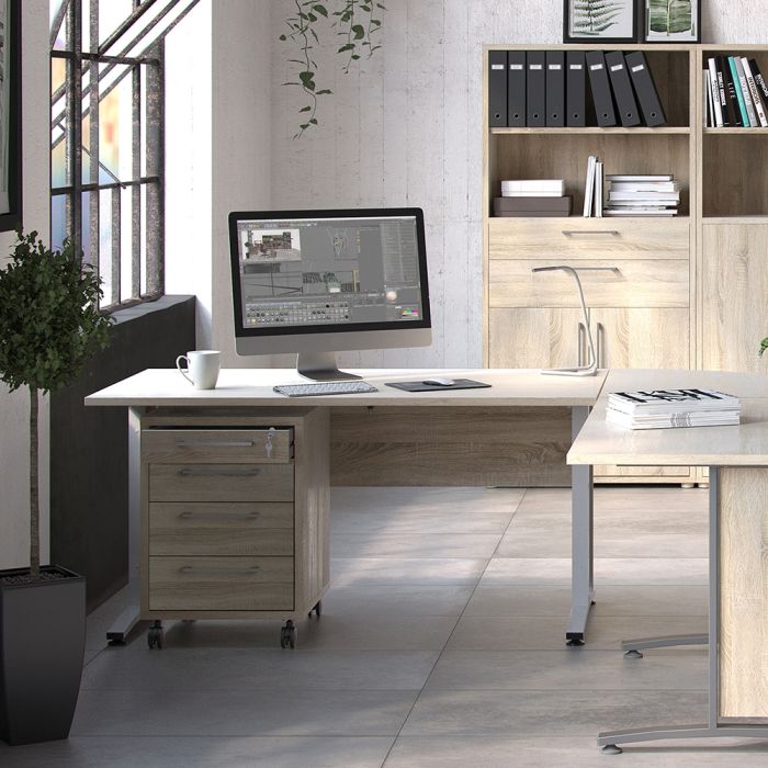 Prima Desk 150cm in Oak with Height Adjustable Legs with Electric Control in White