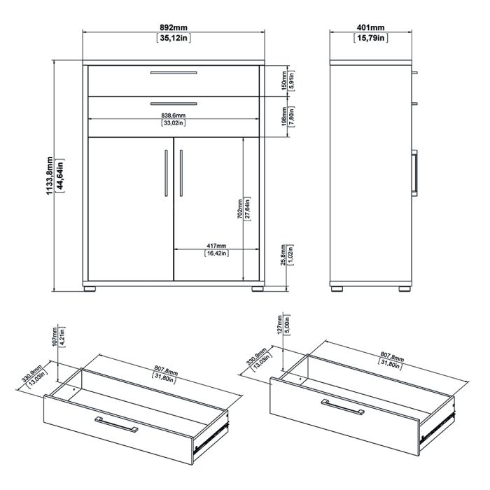 Prima Bookcase 1 Shelf With 2 Drawers 2 Doors In White