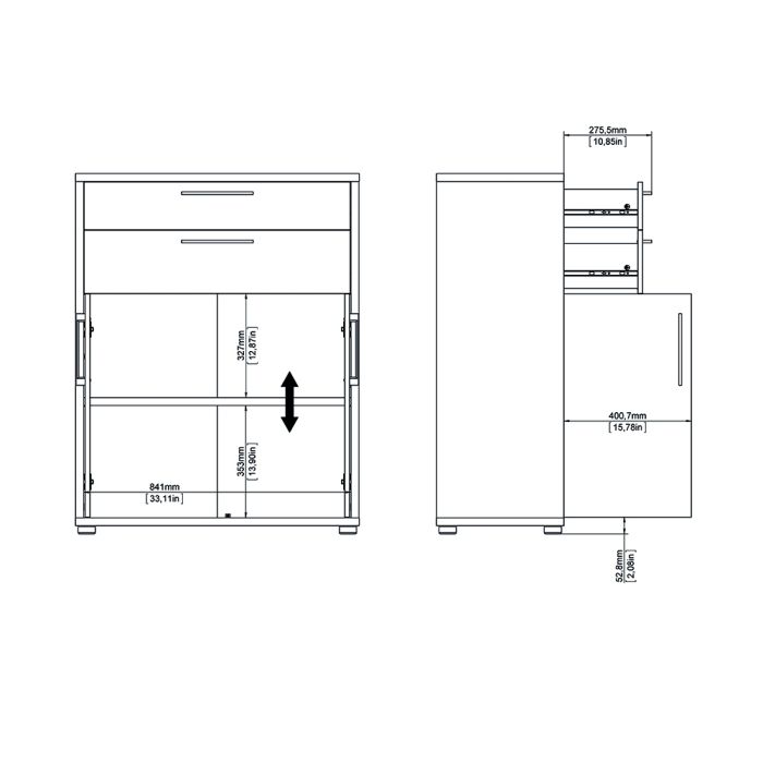 Prima Bookcase 1 Shelf With 2 Drawers 2 Doors In White