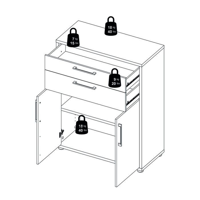 Prima Bookcase 1 Shelf With 2 Drawers 2 Doors In White
