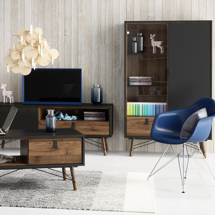 Ry China Cabinet 1 Door 1 Glass Door 1 Drawer in Matt Black Walnut