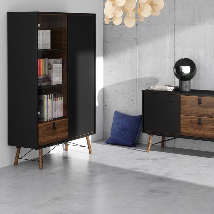 Ry China Cabinet 1 Door 1 Glass Door 1 Drawer in Matt Black Walnut