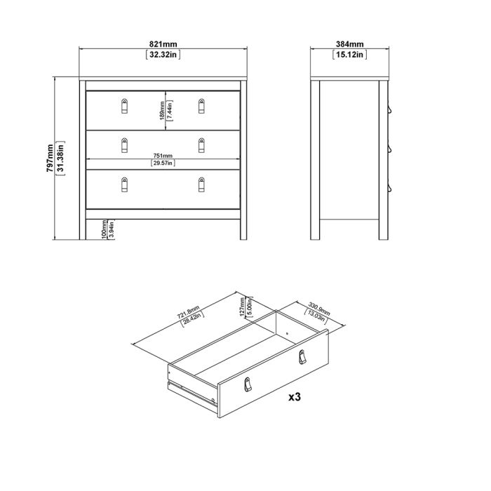 Barcelona Chest 3 Drawers in White