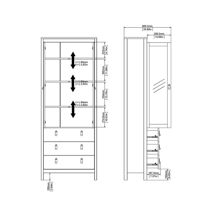 Madrid China Cabinet 2 Glass Doors with 3 Drawers in White