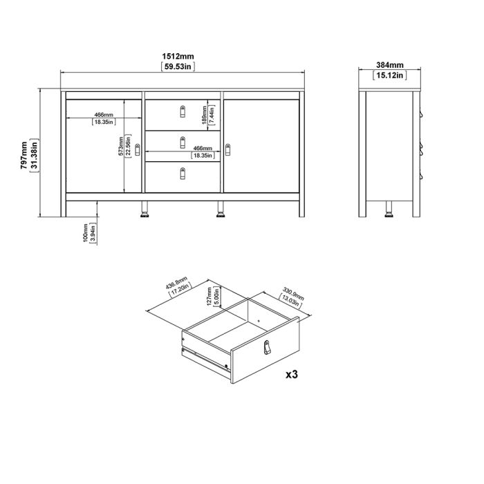 Madrid Sideboard 2 Doors 3 Drawers in White