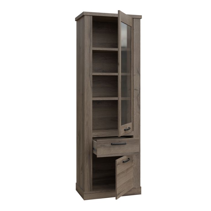 Corona 2 Door 1 Drawer 3 Shelf Narrow Display Cabinet in Tabak Oak