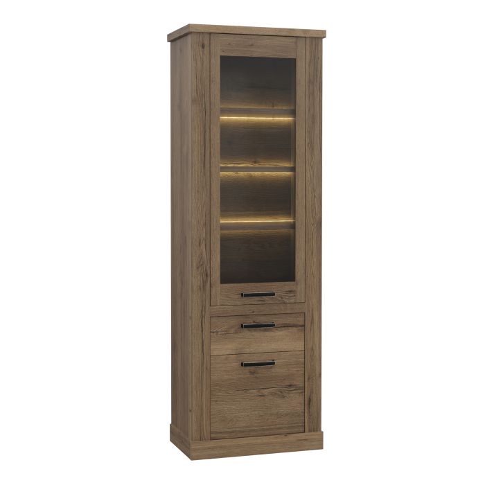Corona 2 Door 1 Drawer 3 Shelf Narrow Display Cabinet in Tabak Oak