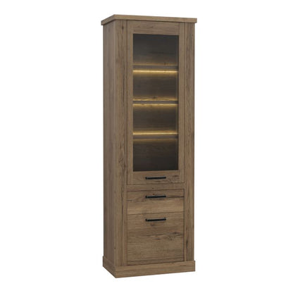 Corona 2 Door 1 Drawer 3 Shelf Narrow Display Cabinet in Tabak Oak