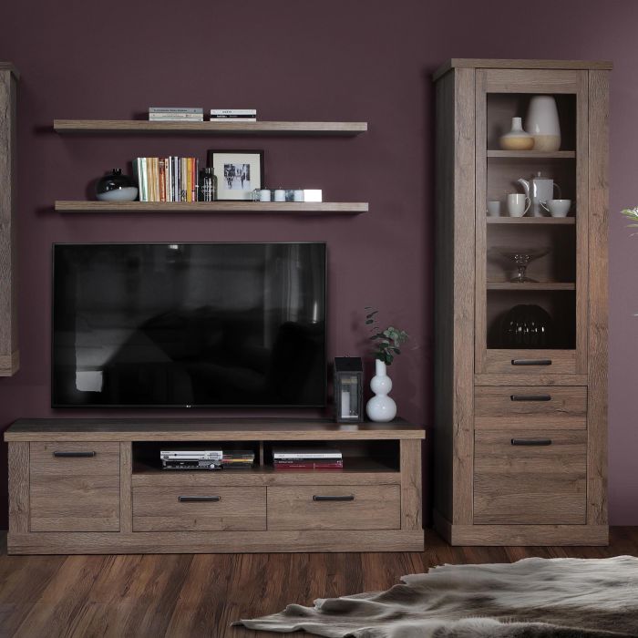 Corona 2 Door 1 Drawer 3 Shelf Narrow Display Cabinet in Tabak Oak