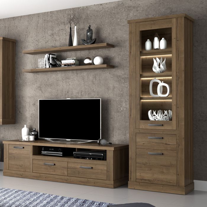 Corona 2 Door 1 Drawer 3 Shelf Narrow Display Cabinet in Tabak Oak